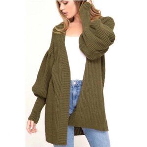 Topshop Balloon Sleeve Chunky Knit Cardigan Women Medium Green Oversized Relaxed